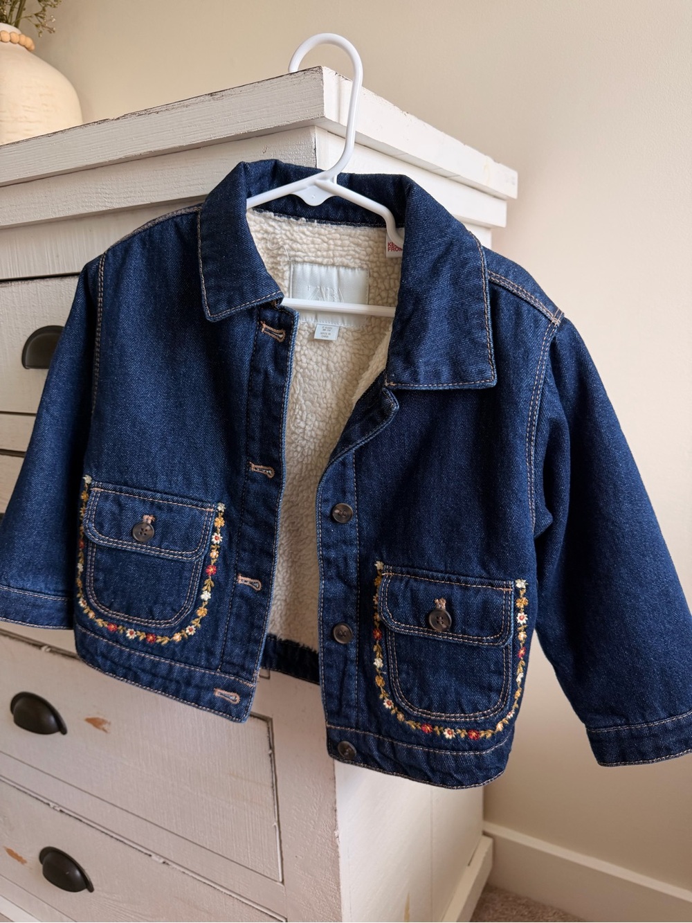 Zara Dark Blue Denim Jacket with Embroidered Pockets